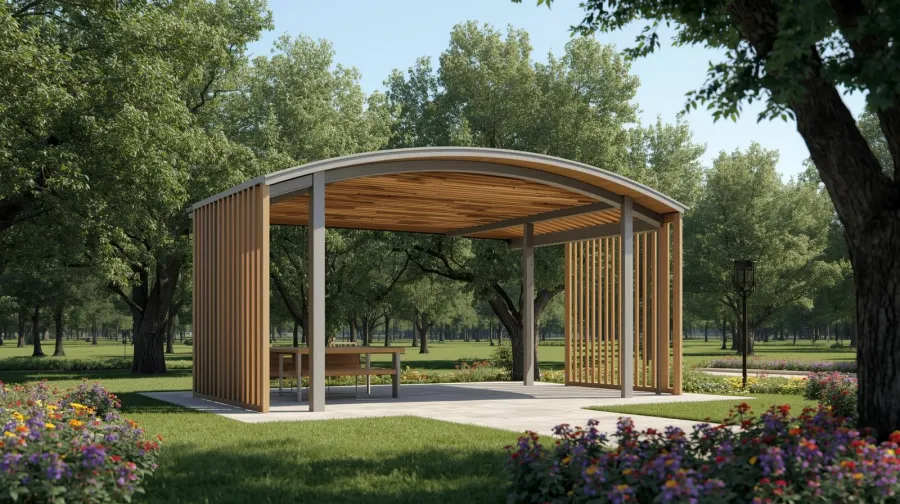 modern park gazebo, minimal design, steel and wood materials, open sides with elegant roof, eco-friendly, surrounded by trees and flowers, photorealistic rendering, high detail, daylight
